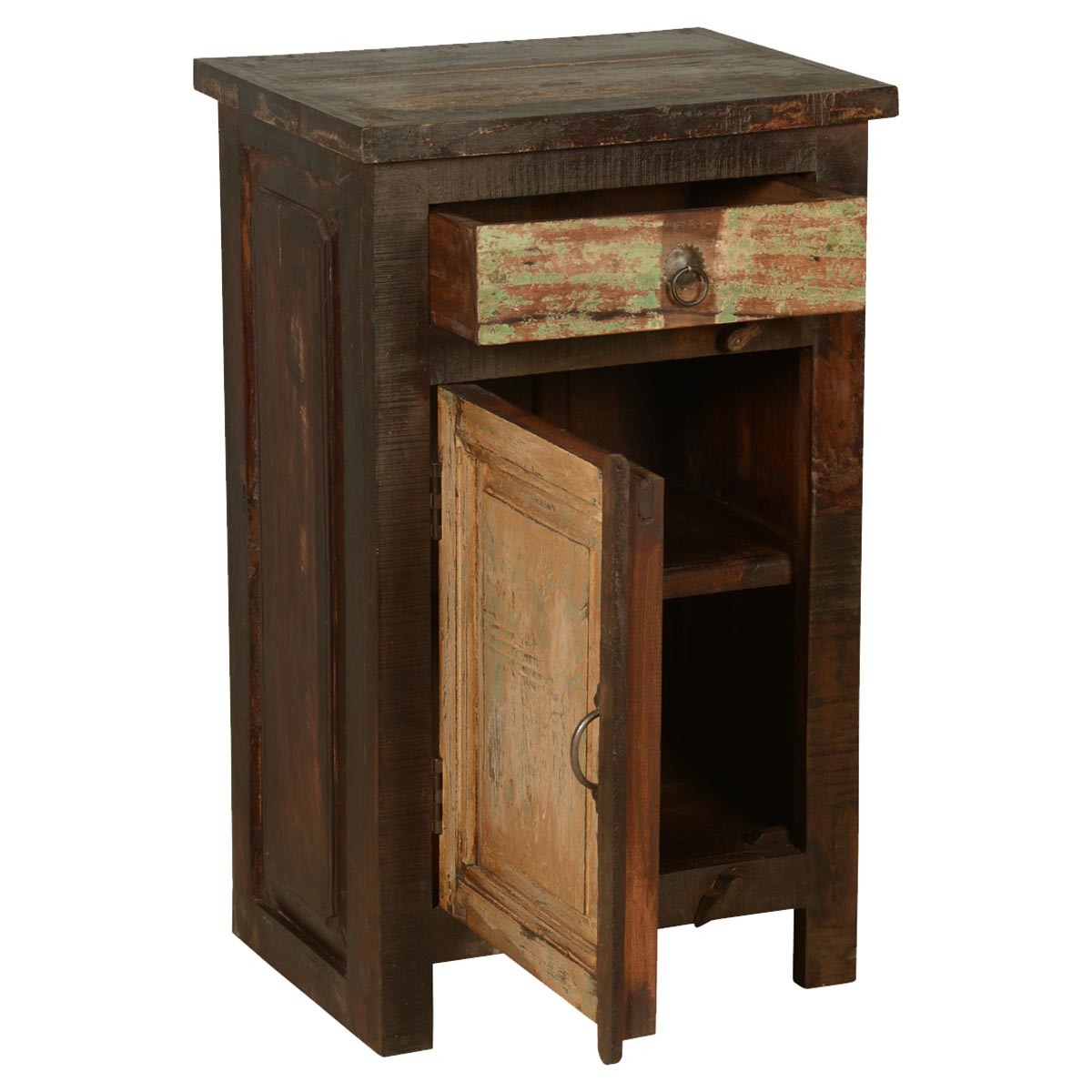 Mango Wood Yunnan One Door and One Drawer Bedside Storage Table for Bedroom | Dark Brown Finish