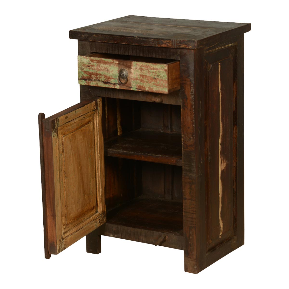 Mango Wood Yunnan One Door and One Drawer Bedside Storage Table for Bedroom | Dark Brown Finish