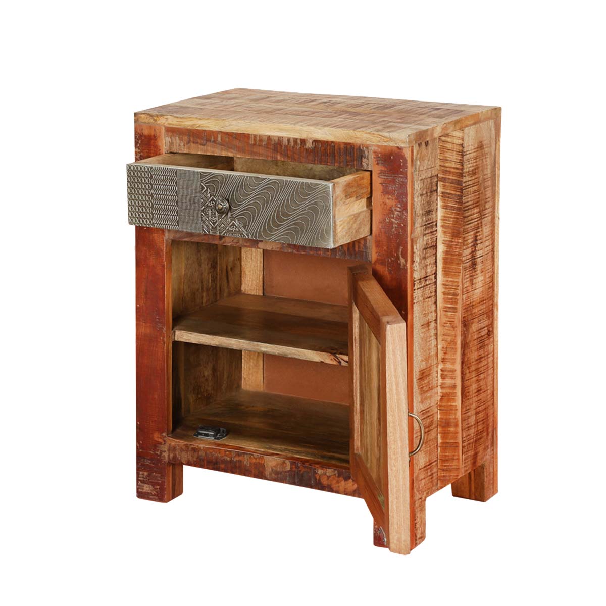 Mango Wood Izola One Door and One Drawer Selves Bedside Storage Table for Bedroom | Mahogany Finish