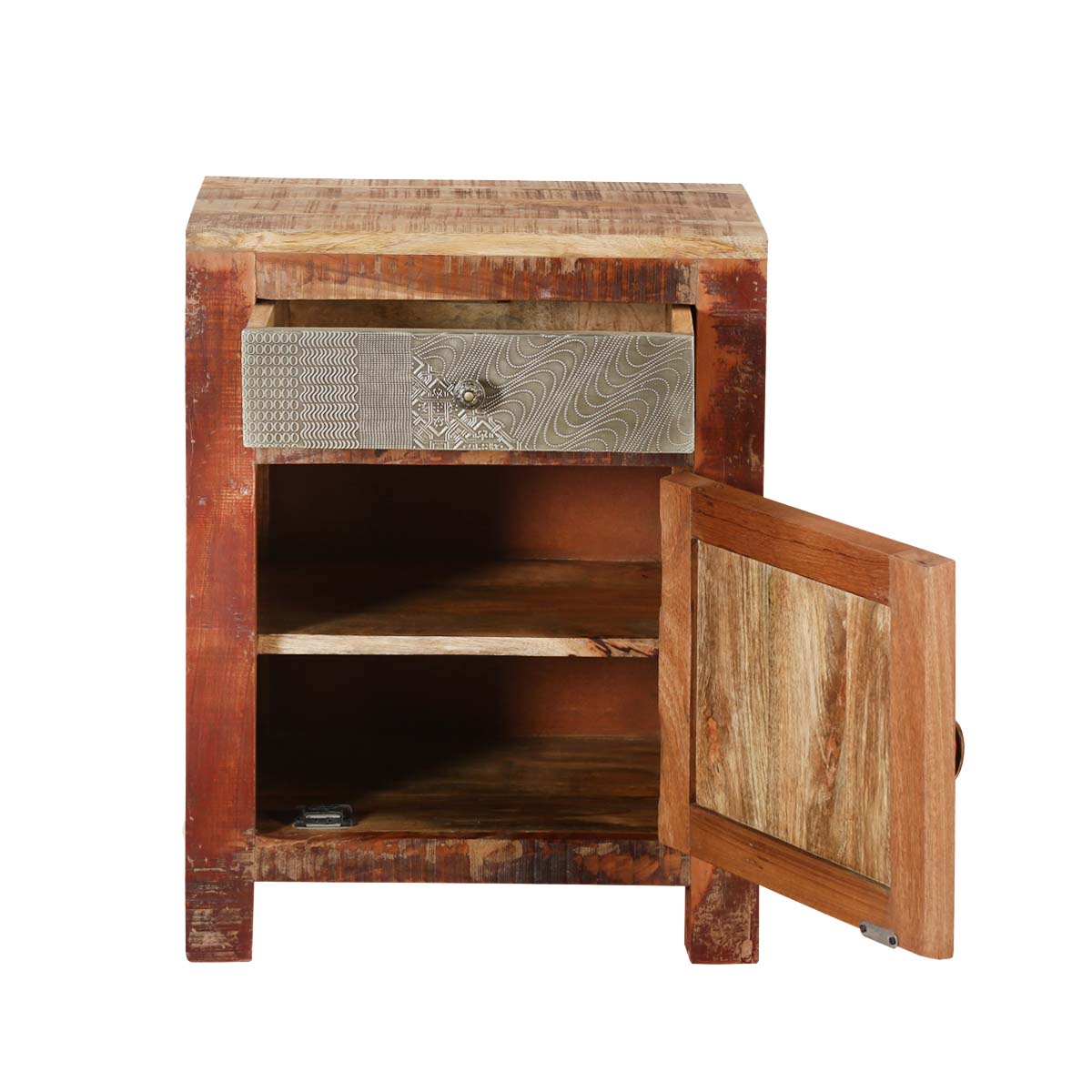 Mango Wood Izola One Door and One Drawer Selves Bedside Storage Table for Bedroom | Mahogany Finish