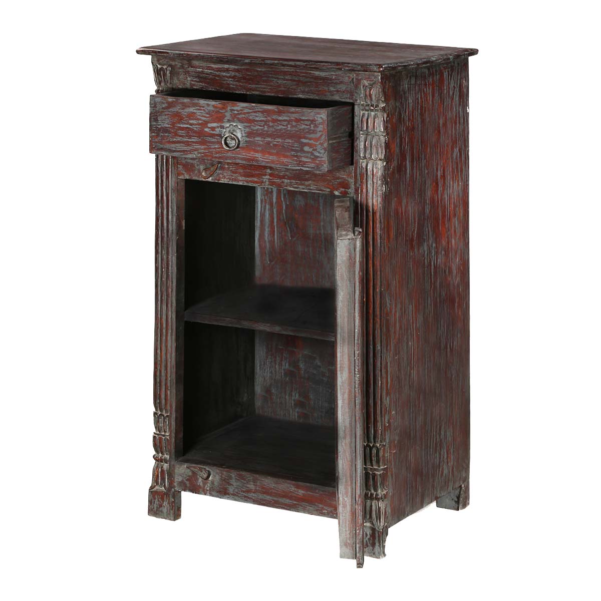 Mango Wood Wobxo One Door and One Drewer Selves Bedside Storage Table for Bedroom | Mohogany Finish
