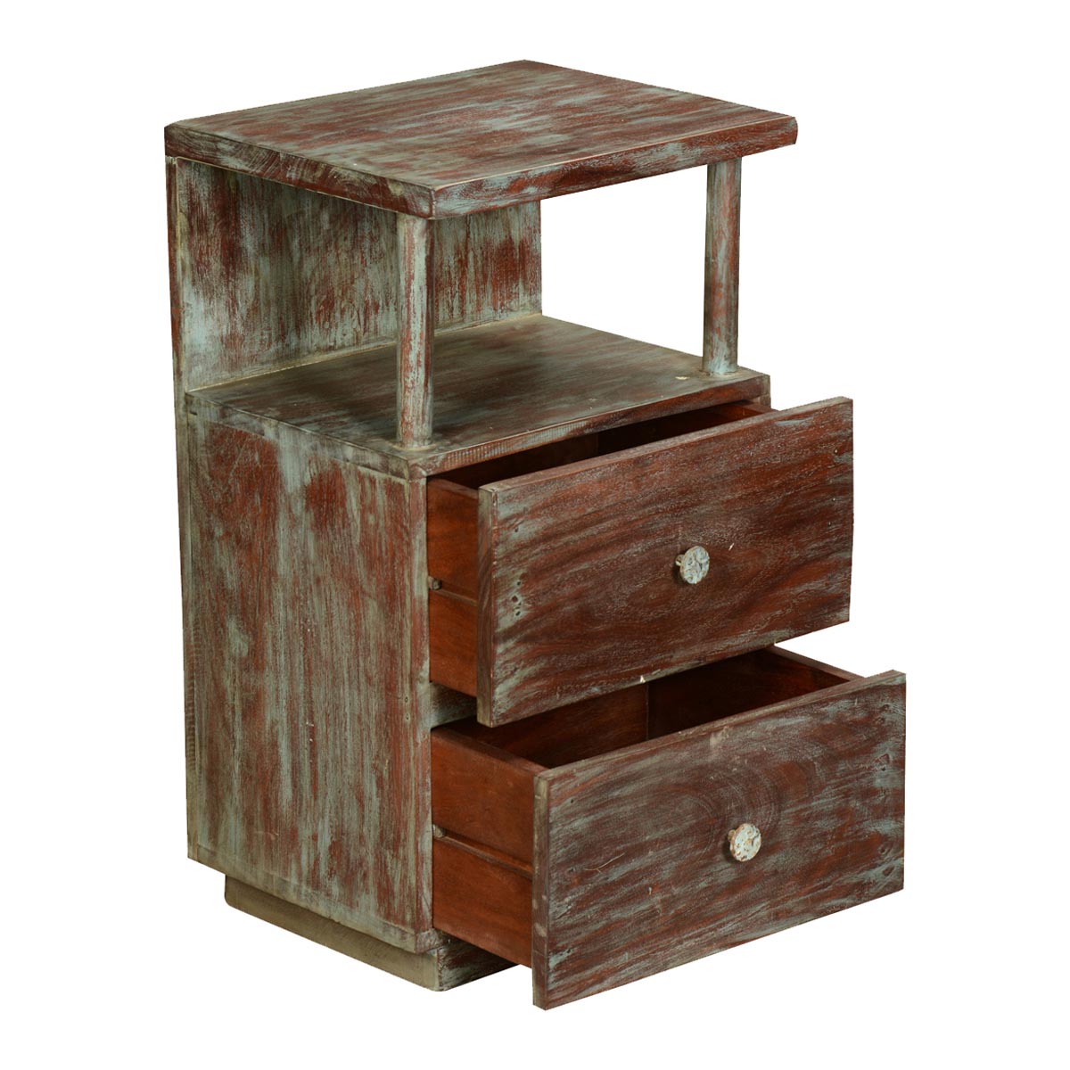 Mango Wood Taleex Two Drewer Selves Bedside Storage Table for Bedroom | Mohogany Finish