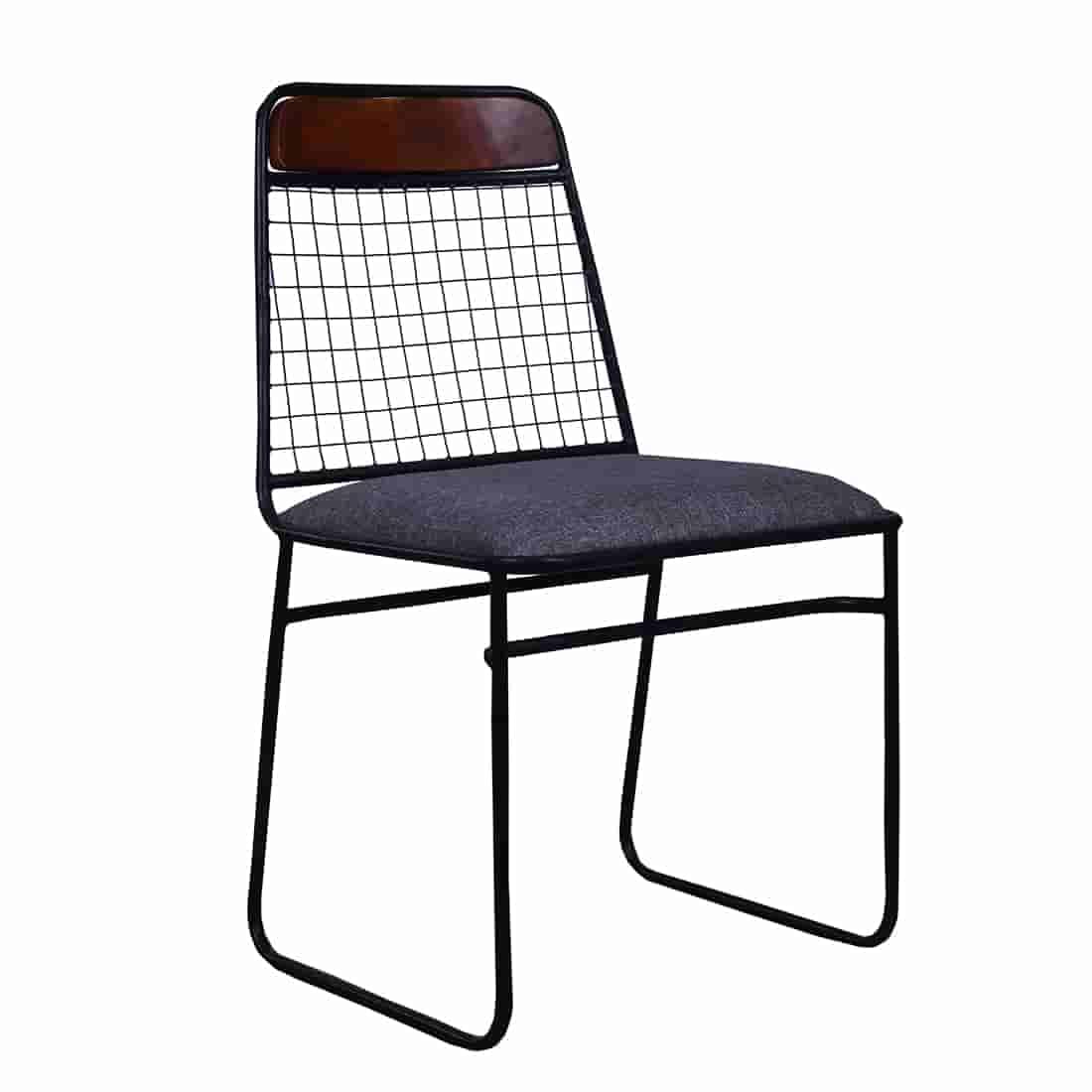 Halki Mango Wood and Metal and Upholstered Dining Outdoor Restaurant Chair Set for Home | Set of 2 Chair | Light Grey Fabric + Teak + Black Powdercoated Finish