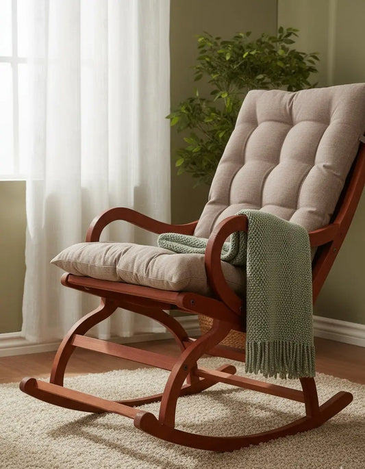 Narkali Sheesham Wood Ergonomic Rocking Chair with Cushion (Wood Finish)