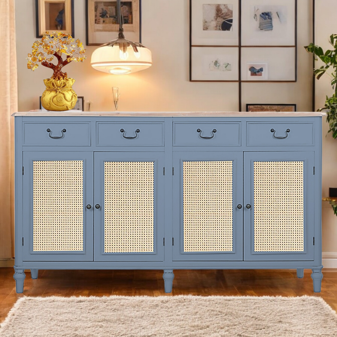Cabinet with Cane | Front 4 Drawers 2 Shelves | Mango Wood Storage Organizer Rustic Durable Stylish Wooden Furniture Compact Design Home Decor