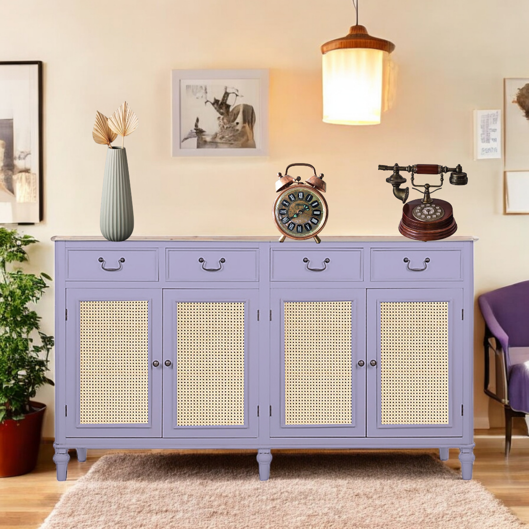 Cabinet with Cane | Front 4 Drawers 2 Shelves | Mango Wood Storage Organizer Rustic Durable Stylish Wooden Furniture Compact Design Home Decor