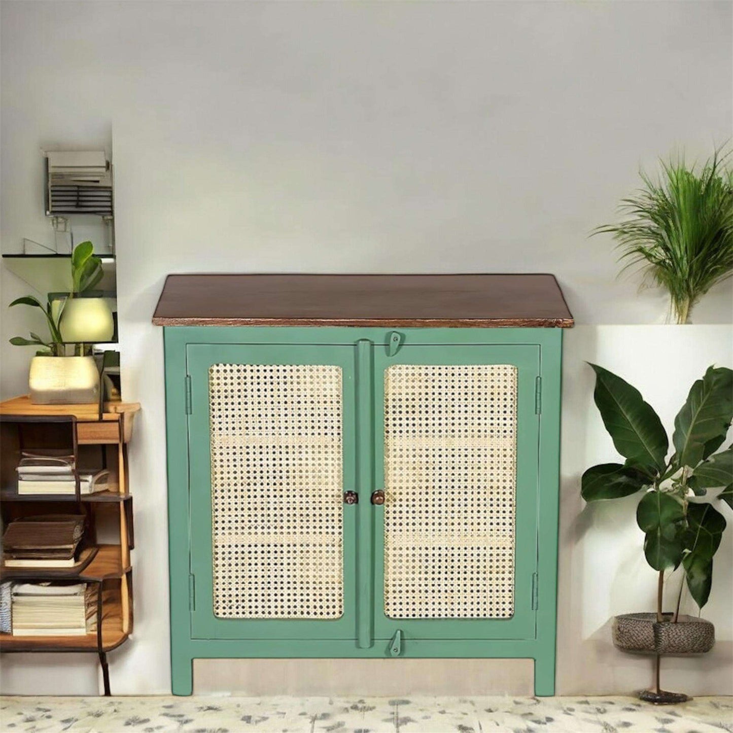 2 Door Cabinet with Wicker Front 2 Shelves | Mango Wood Storage Organizer | Rustic Durable Stylish Wooden Furniture | Compact Design Home Decor