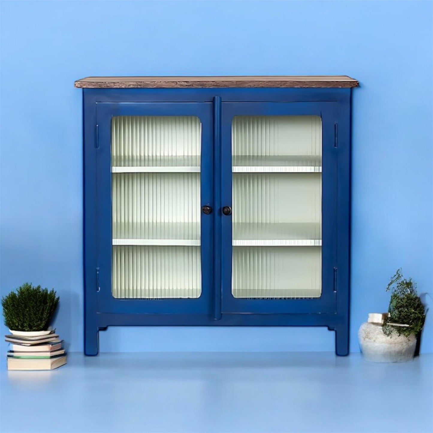 2 Door Cabinet with Wicker Front 2 Shelves | Mango Wood Storage Organizer | Rustic Durable Stylish Wooden Furniture | Compact Design Home Decor