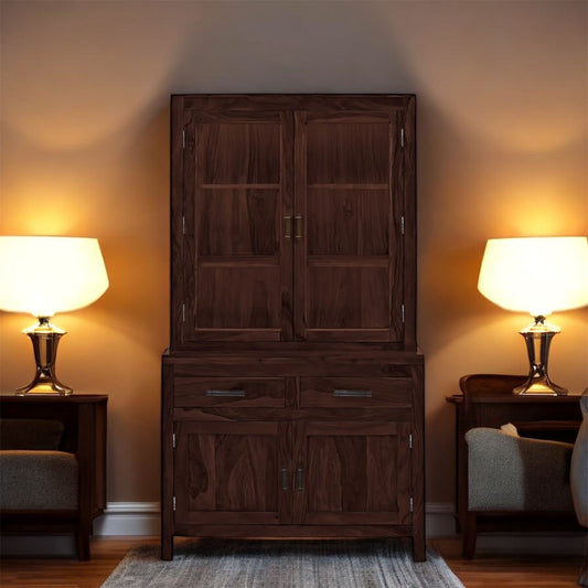 Glass Door Cabinet | 2 Drawers 3 Shelves Sheesham Wood Storage Organizer | Durable Stylish Wooden Furniture | Elegant Design Home Decor Compact Multifunctional