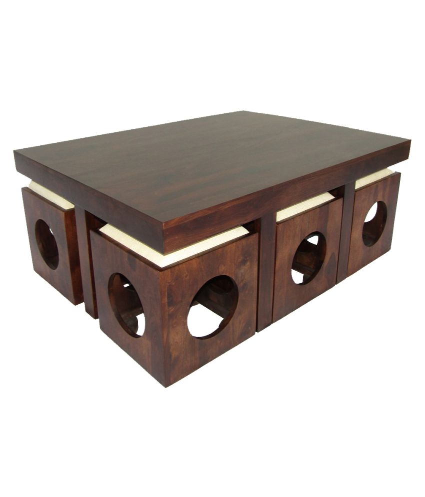 Sheesham Wood Center Coffee Table with 6 Stools for Living Room | Walnut Finish, White Cushion