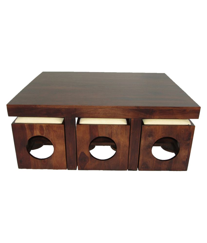 Sheesham Wood Center Coffee Table with 6 Stools for Living Room | Walnut Finish, White Cushion