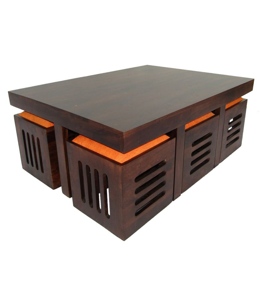 Sheesham Wood Center Coffee Table with 6 Stools for Living Room | Walnut Finish Orange Cushion
