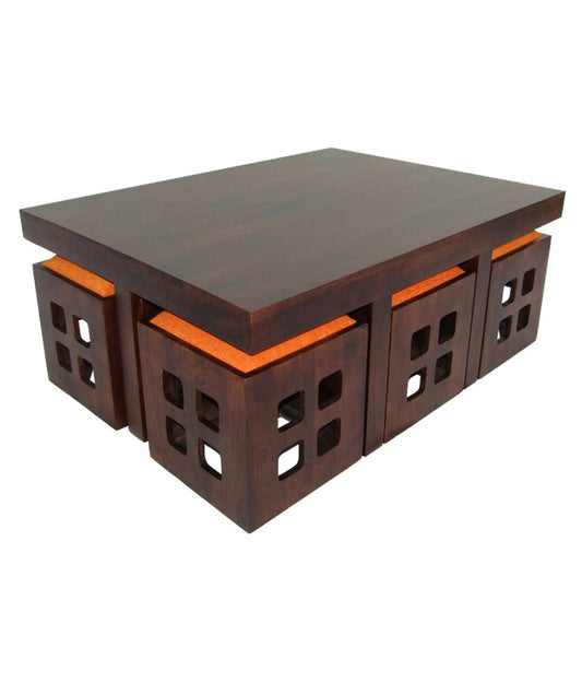 Solid Wood 6 Seater Coffee Table Stool Set for Home | Dark-Walnut