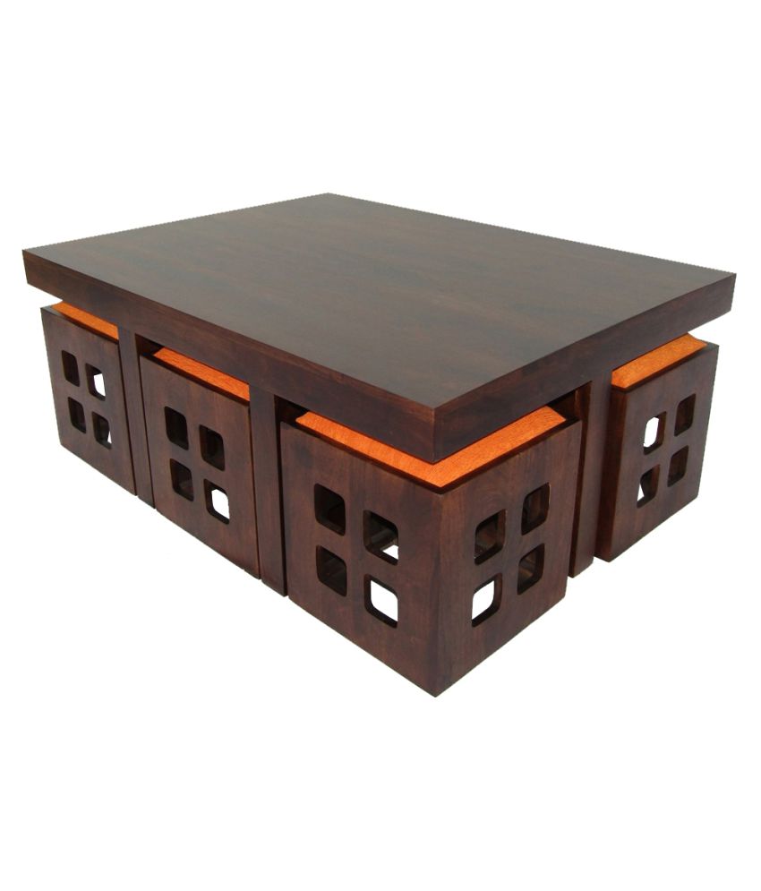 Solid Wood 6 Seater Coffee Table Stool Set for Home | Dark-Walnut