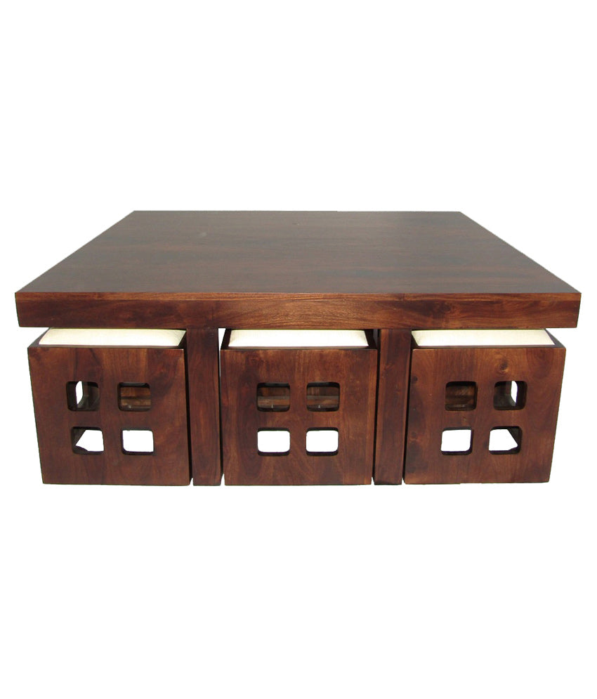 Solid Wood 6 Seater Coffee Table Stool Set for Home | Dark-Walnut