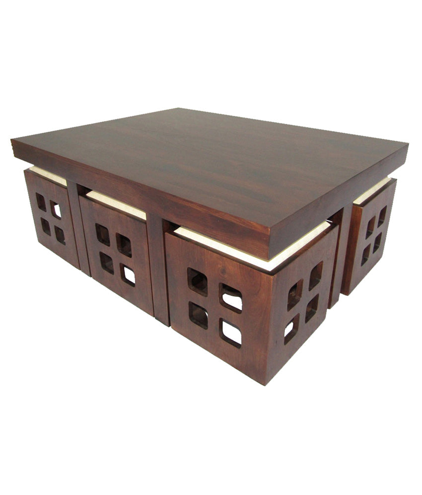 Solid Wood 6 Seater Coffee Table Stool Set for Home | Dark-Walnut
