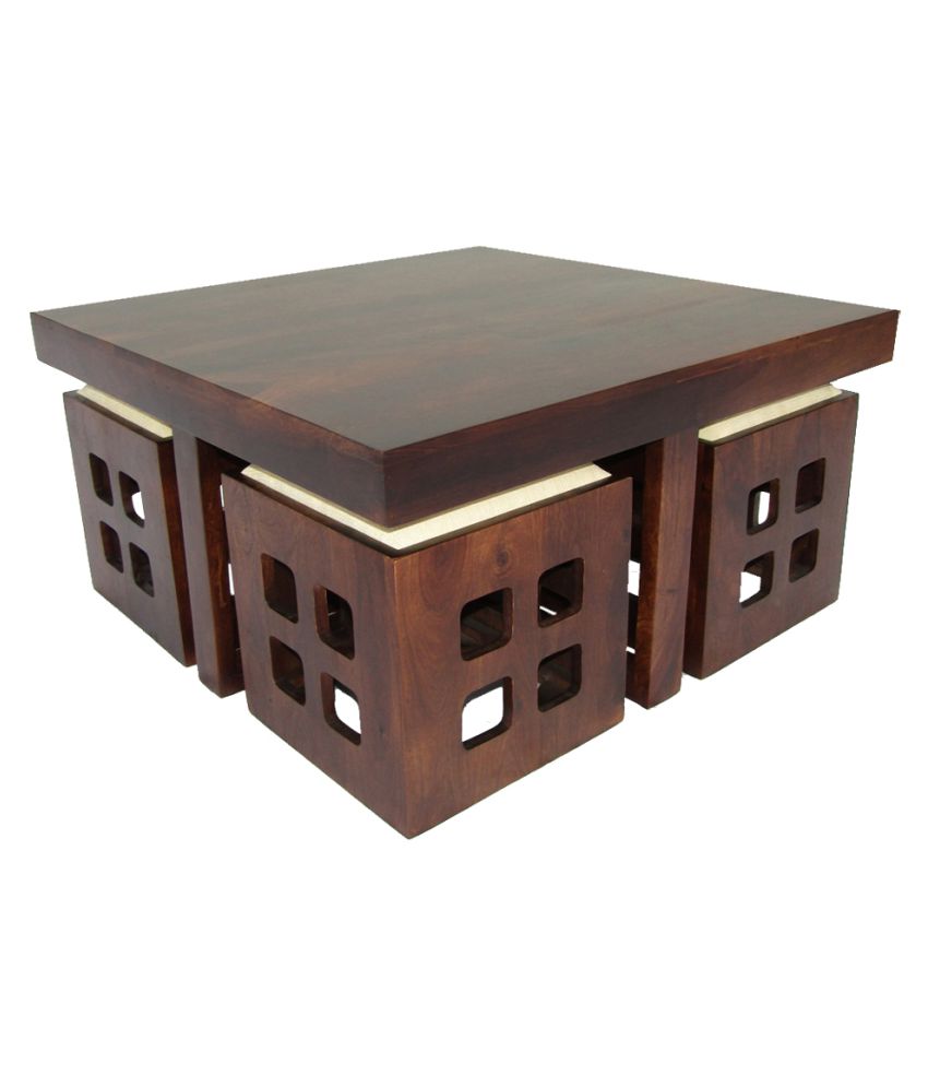 Sheesham Wood Square Coffee Table for Living Room | Center Table for Home | with 4 Stools | White Cushion