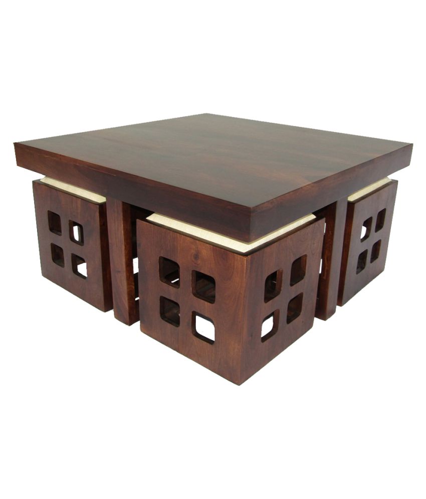 Sheesham Wood Square Coffee Table for Living Room | Center Table for Home | with 4 Stools | White Cushion