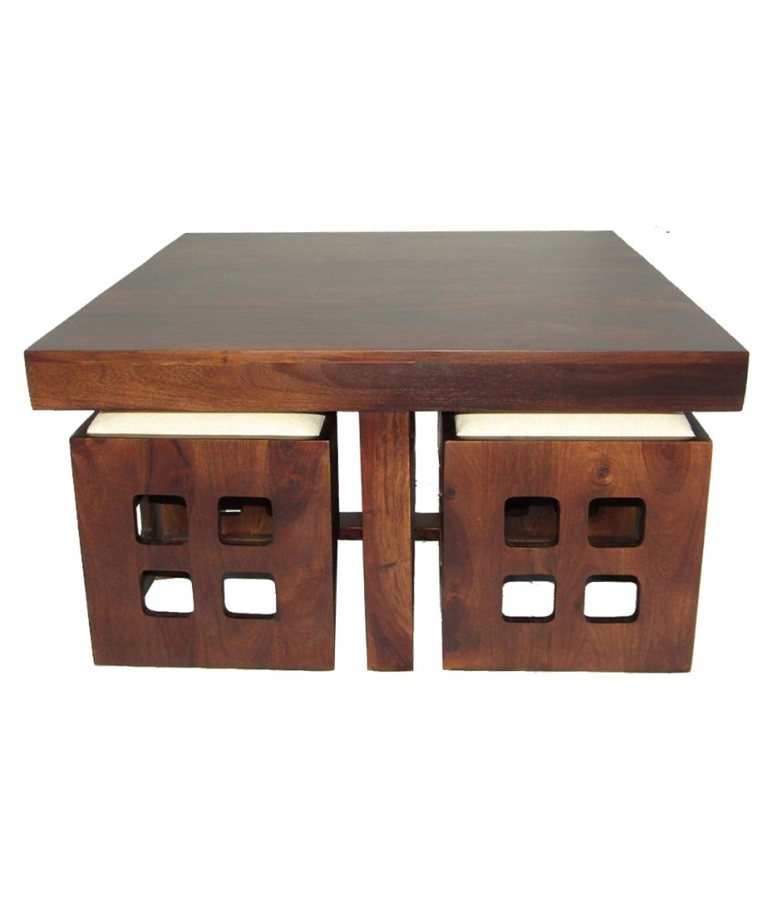 Sheesham Wood Square Coffee Table for Living Room | Center Table for Home | with 4 Stools | White Cushion