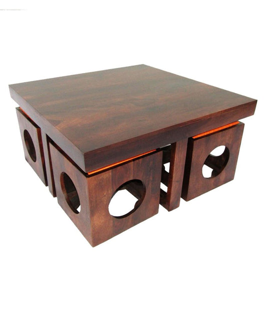 Solid Wood 4 Seater Coffee Table Stool Set for Home | Dark-Walnut
