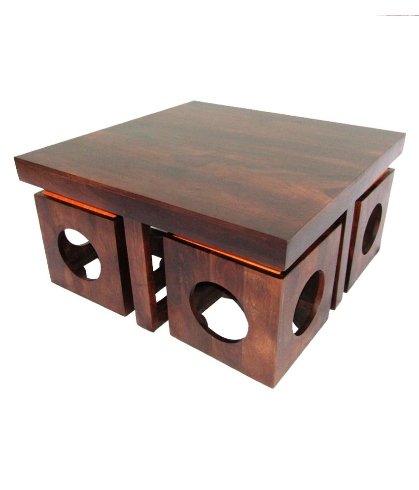 Solid Wood 4 Seater Coffee Table Stool Set for Home | Dark-Walnut