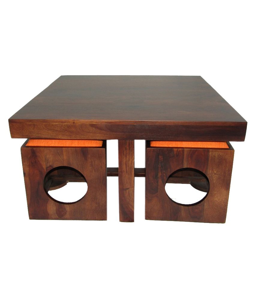 Solid Wood 4 Seater Coffee Table Stool Set for Home | Dark-Walnut