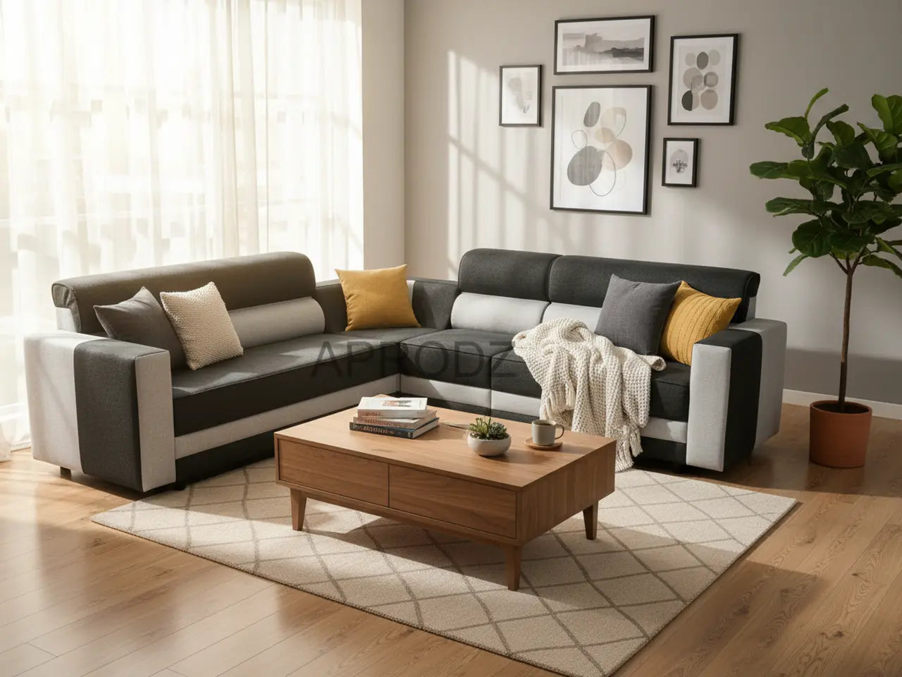 L-Shaped Sectional 6-Seater Sofa with Padded Armrest, Perfect Fabric Corner Sofa for Guests Living Room, Drawing Room, Office & Lounge (Grey/Dual Tone)