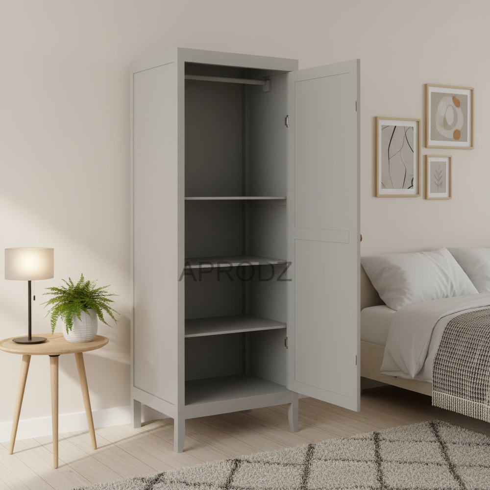 Mango Wood Single Doors Multipurpose Storage Kiev Wardrobe Almirah for Living Room | Grey