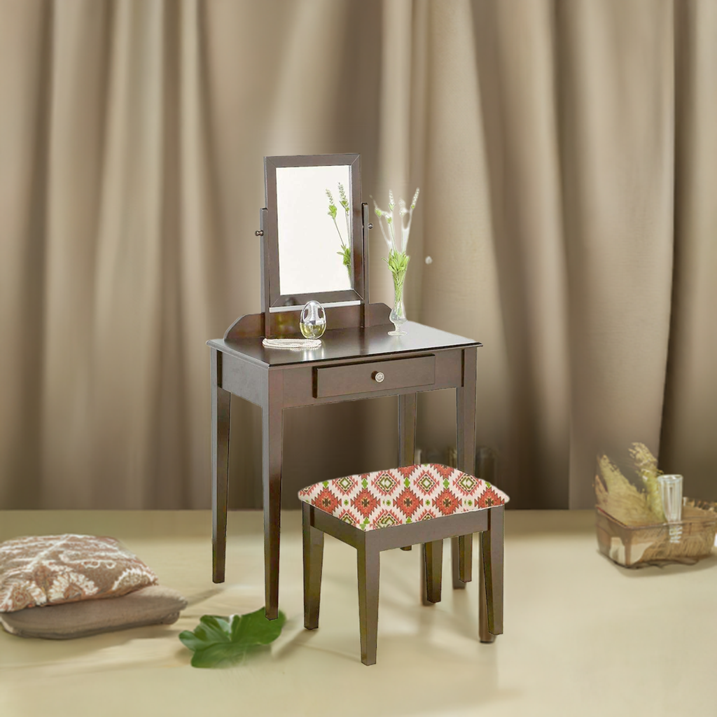 Acacia Wood Dressing Table with Portable Stool for Living Room (Brown Finish)