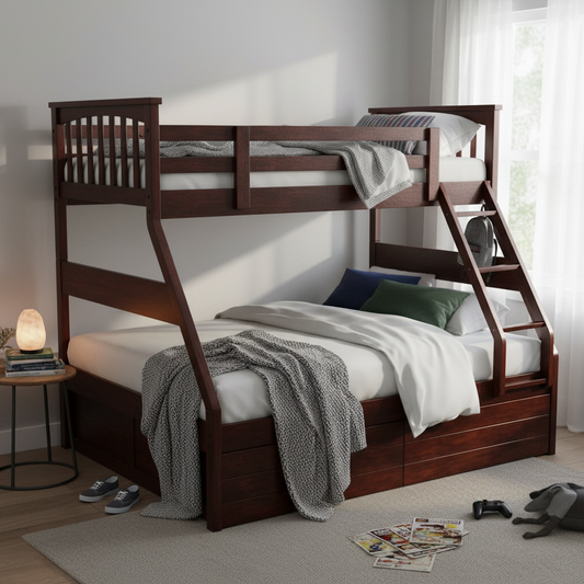 Sheesham Twin/Queen Bunk Bed with 2 Drawer Storage for Bedroom (Rosewood - Brown)
