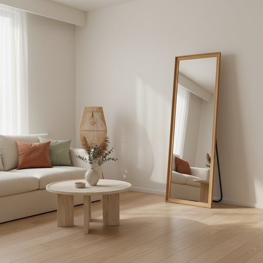 Full Length Mirror with Wooden Frame | 65×22 Inch Floor Standing Full Body Mirror | HD Large Dressing Mirror with Stand & Wall Hanging Option for Bedroom, Living Room & Studio