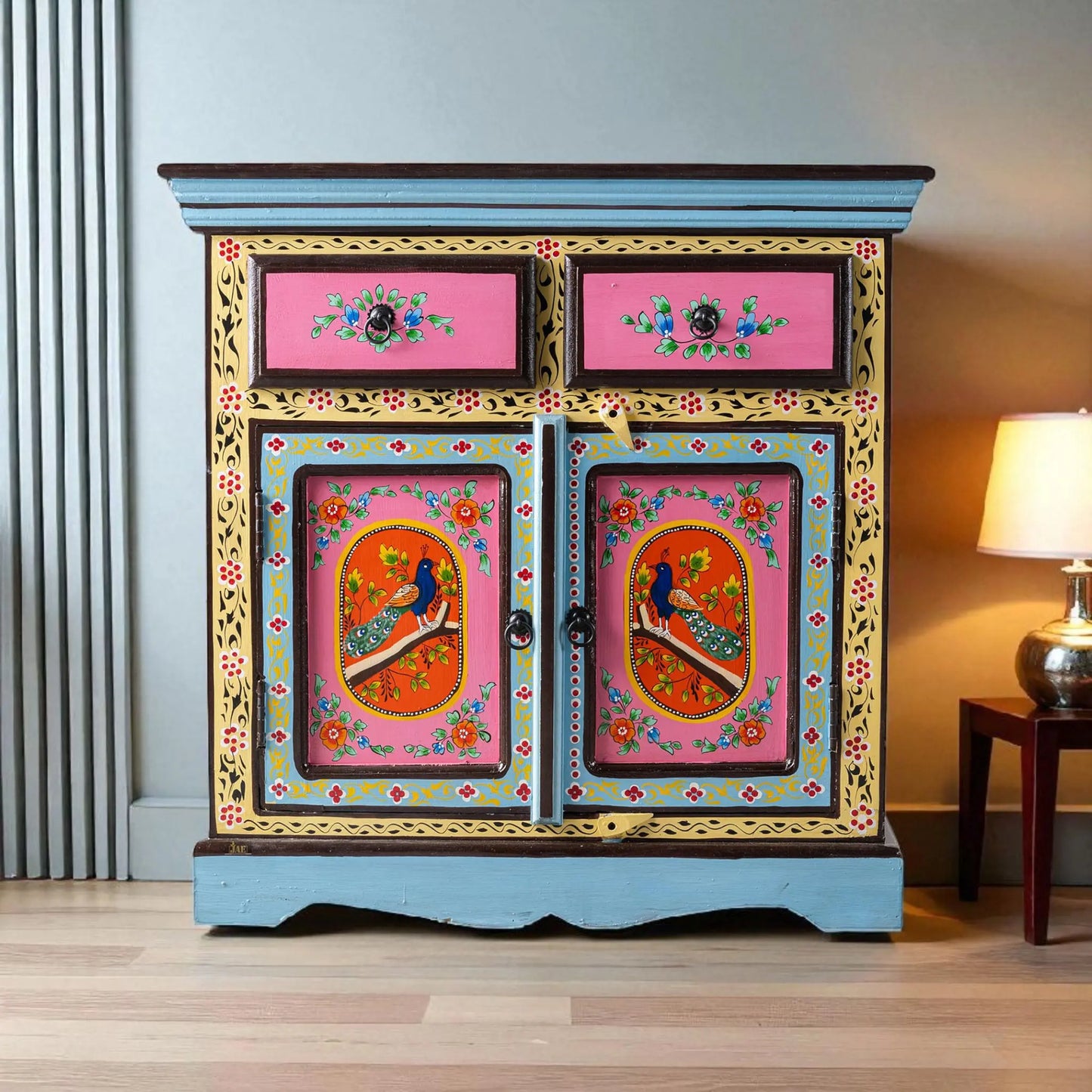Wooden Handpainted Storage Cabinet with 2 Drawer (Multicolor)