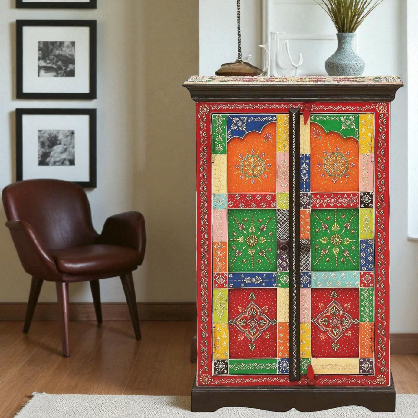 Wooden Handpainted Storage Cabinet for Living Room (Multicolor)