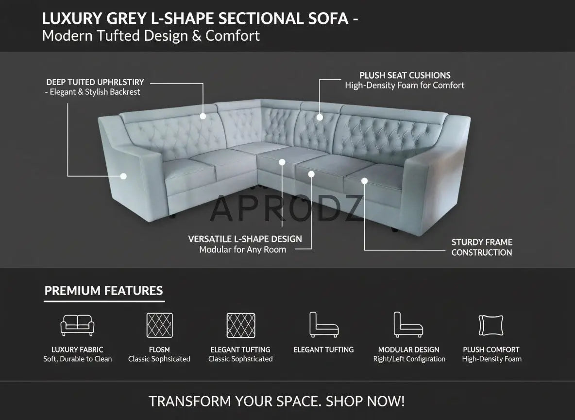 L-Shaped Sectional 6-Seater Sofa with Tufted Back Padded Armrest Perfect Fabric Corner Sofa for Guests Living Room, Drawing Room, Office & Lounge (Light Grey)
