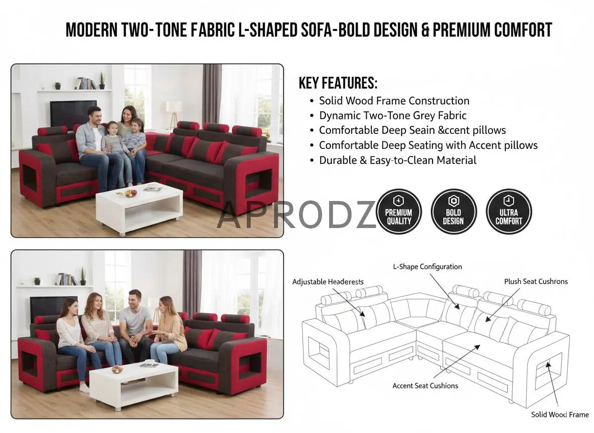 L-Shaped Sectional 6-Seater Sofa with Padded Armrest, Perfect Fabric Corner Sofa for Guests Living Room, Drawing Room, Office & Lounge (Grey/Red)