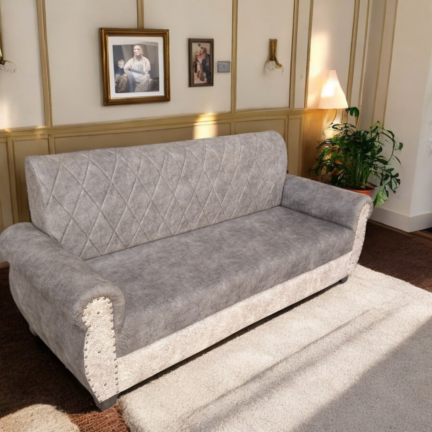 Sofa | Wood Frame Suede Fabric 40D Foam Cushion | Comfortable, Durable, Stylish & Modern for Living Room Furniture | Compact Design Lounge Seat Relaxation (Light Grey + Beige 4)