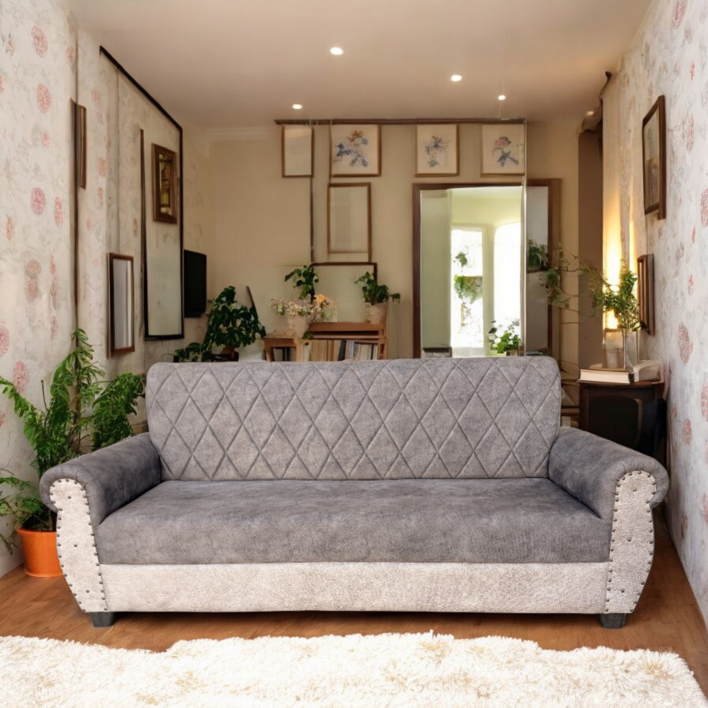 Sofa | Wood Frame Suede Fabric 40D Foam Cushion | Comfortable, Durable, Stylish & Modern for Living Room Furniture | Compact Design Lounge Seat Relaxation (Light Grey + Beige 4)