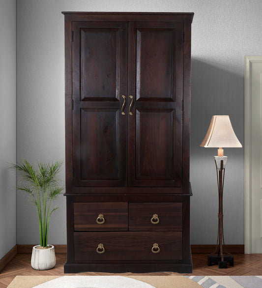 Solid Teak Wood 2-Door Wardrobe with Hanging Rod and Shelves | Premium Wooden Almirah for Bedroom | Natural Finish | Durable & Spacious Storage Cabinet