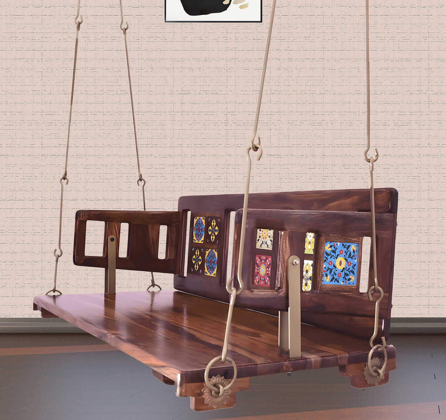 Reversible Wooden Swing Jhula with Brass Coated Chainfor Indoor Outdoor & Balcony | House Swings for Adults (52 Inches, Natural Finish)