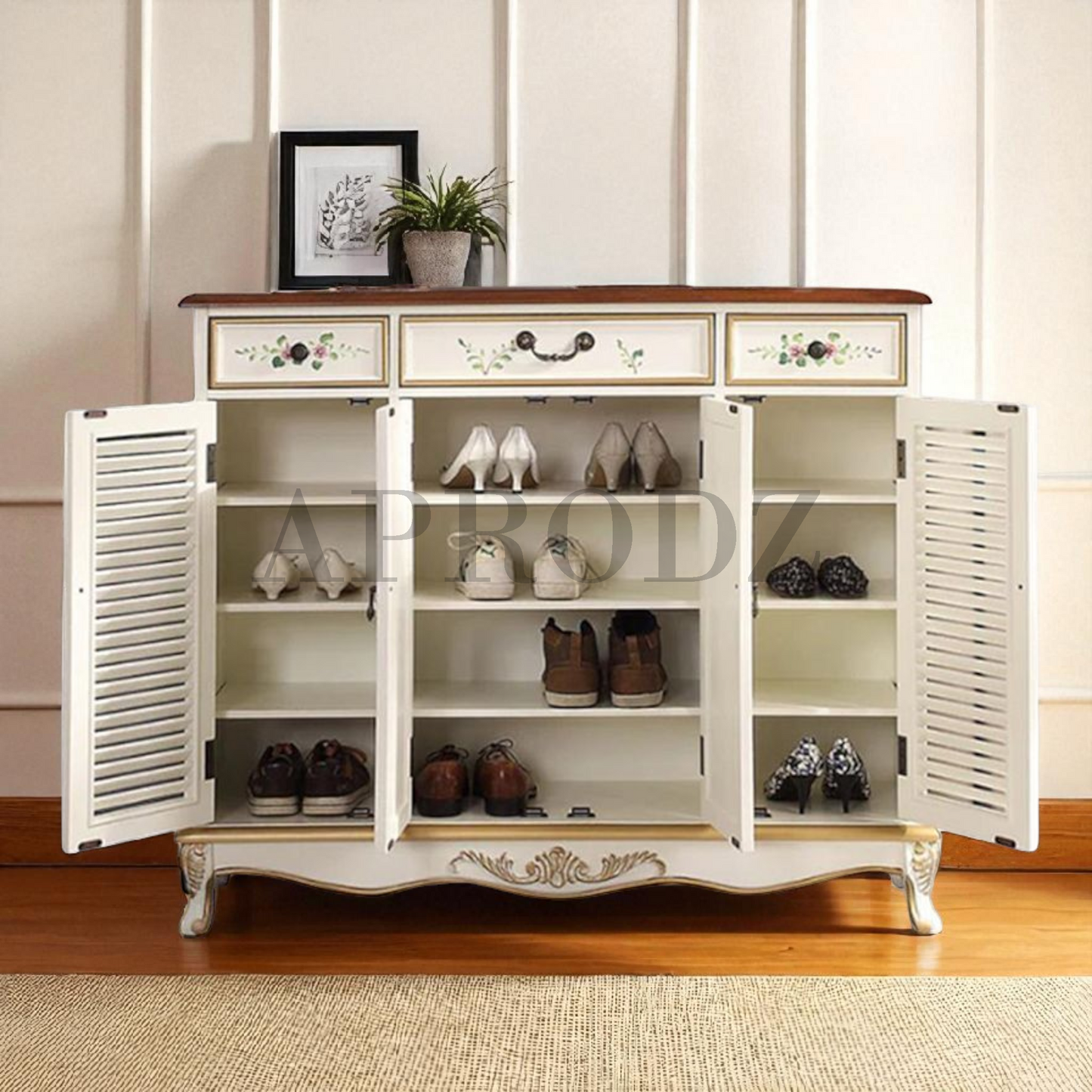 Wooden Handpainted Shoe Cabinet with Drawer Storage (White + Brown Finish)