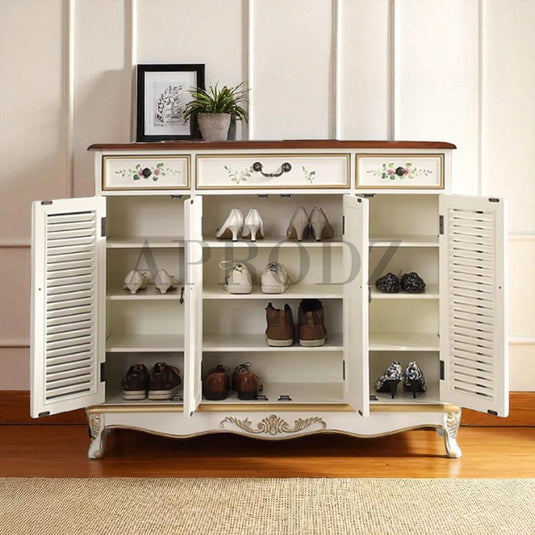 Translation missing: en.Wooden Handpainted Shoe Cabinet with Drawer Storage (White + Brown Finish) 