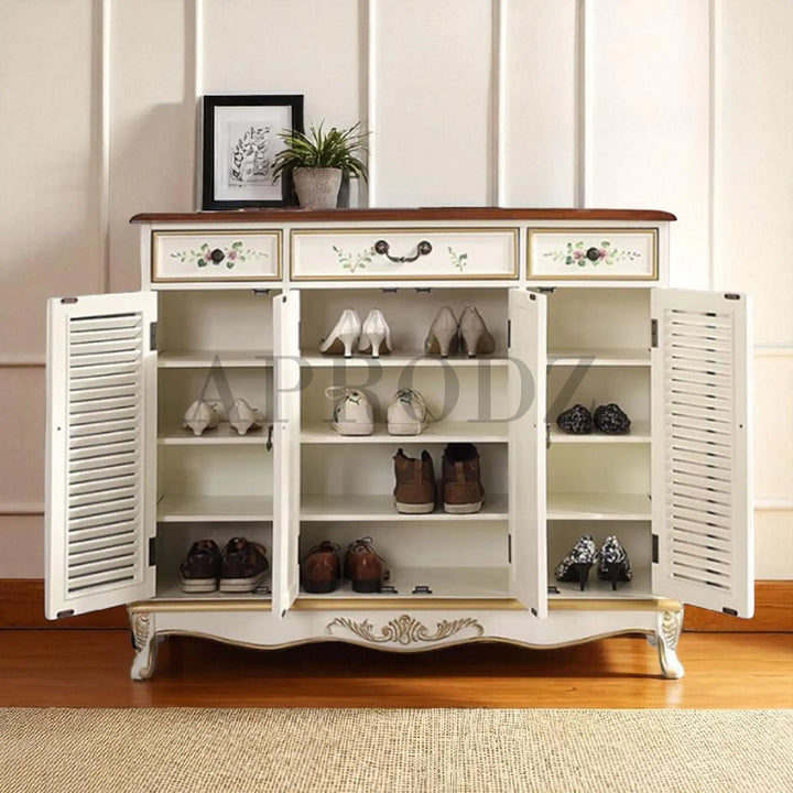 Translation missing: en.Wooden Handpainted Shoe Cabinet with Drawer Storage (White + Brown Finish) 