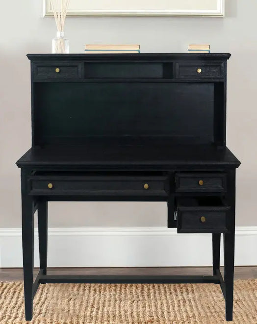 Solid Mango Wood Sandblasted Writing Desk with Hutch | Rustic Study Table with Storage Shelves and Drawers for Home Office 