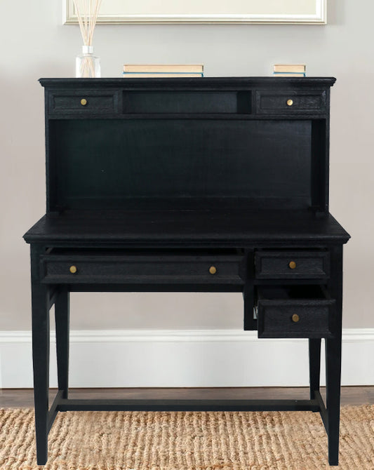 Solid Mango Wood Sandblasted Writing Desk with Hutch | Rustic Study Table with Storage Shelves and Drawers for Home Office