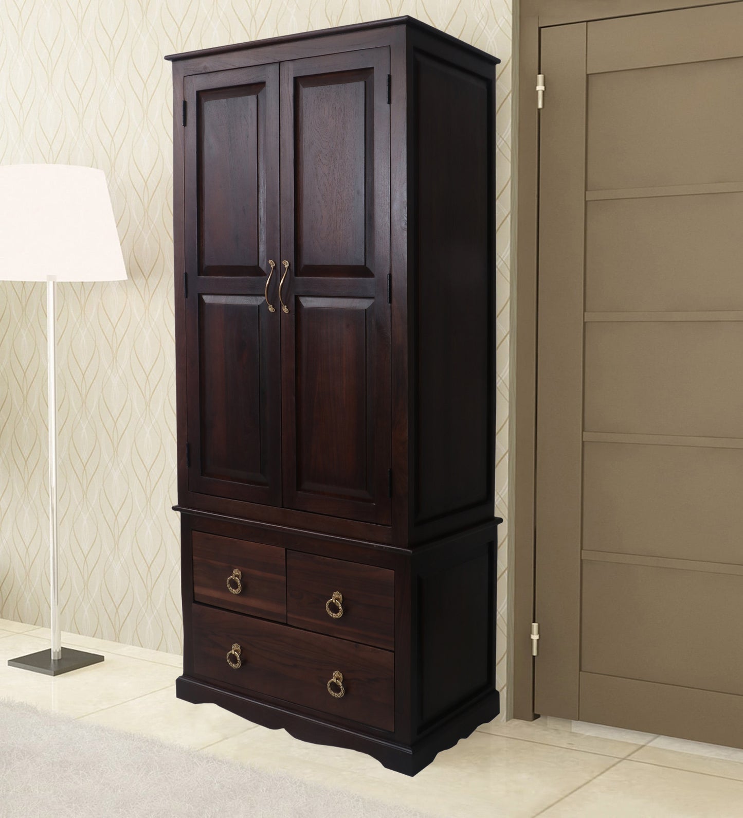 Solid Teak Wood 2-Door Wardrobe with Hanging Rod and Shelves | Premium Wooden Almirah for Bedroom | Natural Finish | Durable & Spacious Storage Cabinet 