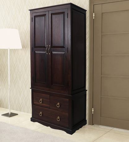 Solid Teak Wood 2-Door Wardrobe with Hanging Rod and Shelves | Premium Wooden Almirah for Bedroom | Natural Finish | Durable & Spacious Storage Cabinet 