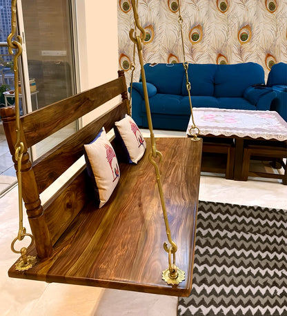 3 Seater Swing Brass Coated Wooden Jhula for Indoor Outdoor & Balcony | House Swings for Adults (52 Inches) 