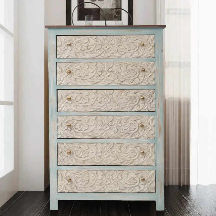 Translation missing: en.Handcrafted Carved Mango Wood Chest of Drawers with 6 Spacious Storage Drawers – Solid Wood Dresser Cabinet for Bedroom, Living Room &amp; Hallway – Vintage Rustic Finish Visit the APRODZ Store 