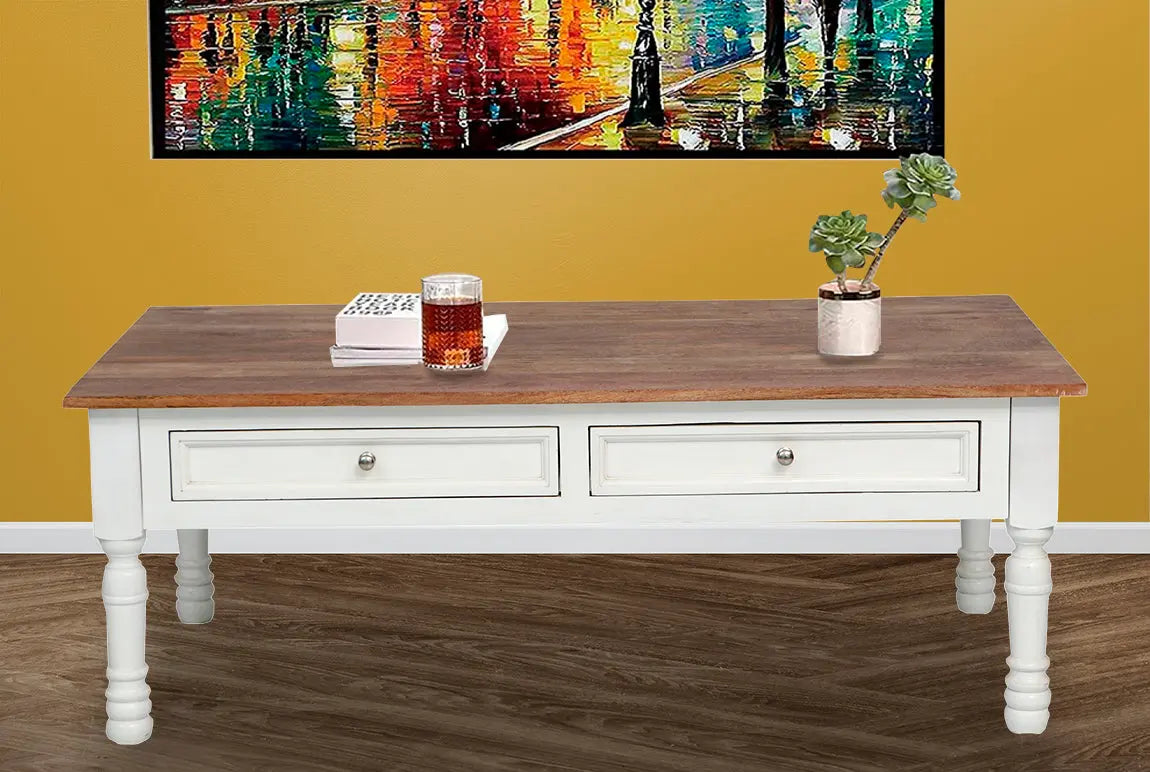 Mango Wood Adak Stylish Coffee Table with Drawer for Living Room | Center Table for Home | Brown & White Finish 