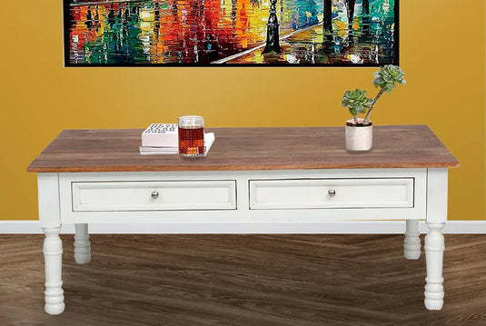 Translation missing: en.Mango Wood Adak Stylish Coffee Table with Drawer for Living Room | Center Table for Home | Brown &amp; White Finish 